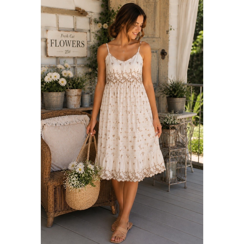 Jessica Simpson XS Ivory Embroidered Floral Boho‎ Cottagecore Smocked Sundress